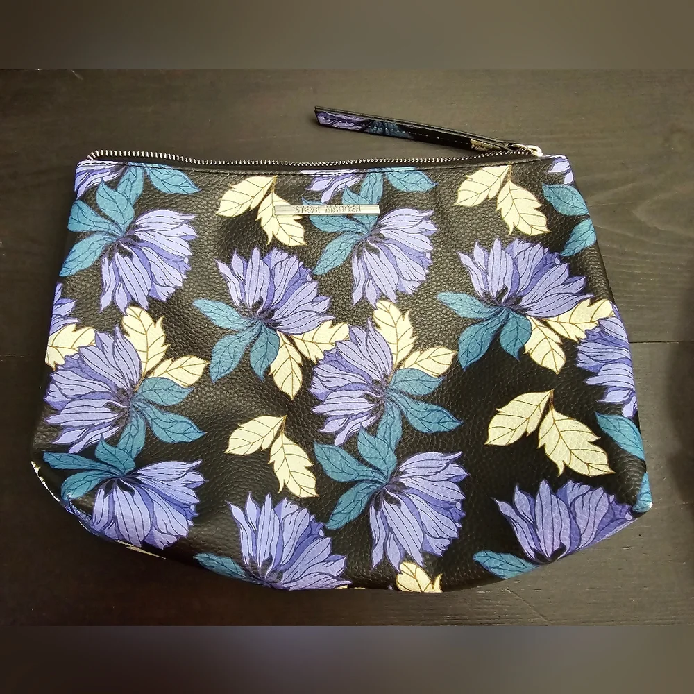 Steve Madden Floral Cosmetic Bag Clutch Bag Faux Leather Black W/Purple Flowers